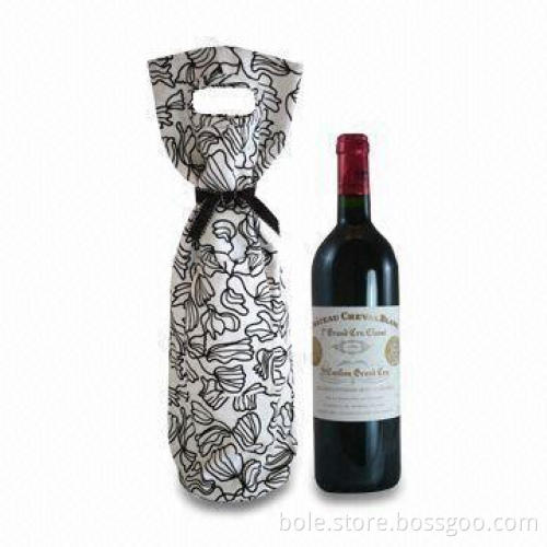 Wine Gift Bag with Full Flower Print Pattern Canvas, Die-cut Handle and Ribbon Decoration
